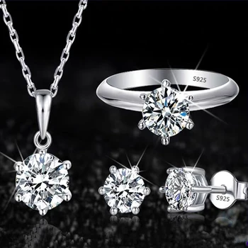 קלאסי טיבטי כסף אופנה סט תכשיטי יוקרה 2 קראט קריסטל טבעת&עגילים&השרשרת החתונה להגדיר עבור הכלה
