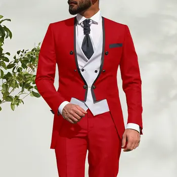 חדש אלגנטי 2021 תחפושת Homme לעמוד קולר אדום ערב החתן לובש גברים חתונה, חליפות לגברים הנשף טוקסידו בלייזר 3 חלקים