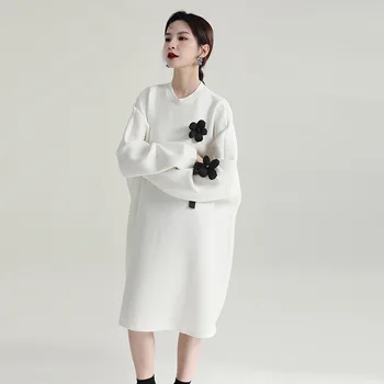 שמלת סוודר לנשים האביב רופף ארוך שרוולים אוויר שכבה צללית שחורה קט רחוב עדכני Peronality שמלות לבן