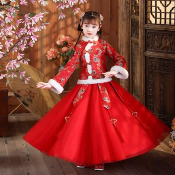 החורף בנות כותנה פשתן עתיק Hanfu ילדים סינית מקסימה מסורתי טאנג חליפה ילדים רקמה עבה מרופד