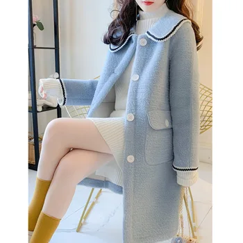 סתיו חורף בגדי נשים קוריאני גרסה אופנה מינק צמר מעילי צמר נשי משוחרר מזדמן חדש כיס צמר הלבשה עליונה