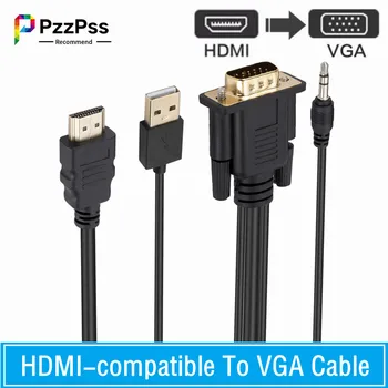PzzPss 1.8 מ ' -HDMI תואם את כבל VGA ממיר אודיו אספקת חשמל 1080P HDMI זכר ל-VGA זכר ל-PC הטלוויזיה Box מקרן