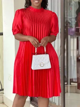 נשים שמלה רופפת קפלים צווארון גבוה, שרוולים קצרים מנופחים גודל גדול אפריקה נקבה החלוק קלאסי אלגנטי למשרד נשים מזדמנים