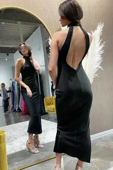 איכות גבוהה בתולת ים סאטן שמלת ערב 2023 מינימליזם ללא שרוולים מחשוף גב שחור רשמית אירוע שמלות Cocktailjurken