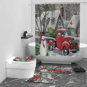 שמח חג המולד 3D מודפס האמבטיה ערכת יחד וילון מקלחת שטיח סט אמבטיה מחצלות, שטיחים השירותים עיצוב שטיח 03