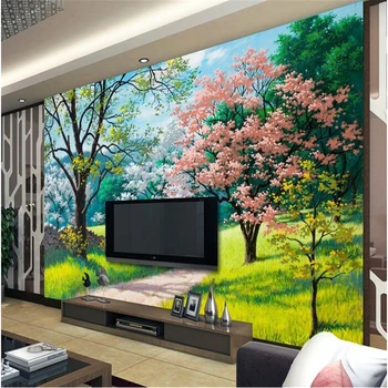 beibehang מותאם אישית ציור קיר ארוגים 3d חדר מדבקות קיר 3 d טלוויזיה הגדרת ציור קיר עץ ערבה ציורי 3d ציורי קיר