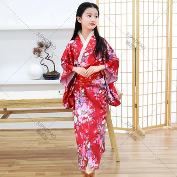 ילדים בנות האדום היפני קימונו חלוק הרחצה שמלת הדפס פרחים ביצועים בגדים רכים תחפושות קוספליי