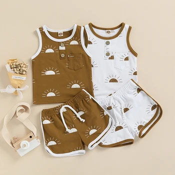 הקיץ תינוקות בגדי תינוקות סטים 2022 אופנה ילדים השמש הדפס צלעות לסרוג שרוולים גופיות+אלסטי בכיס מכנסי החליפה.