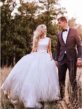 NUOXIFANG החלוק דה Mariee 2020 קו סאטן נפוח טול שמלת חתונה עם קשת vestido De נוביה ללא משענת סקופ צוואר שמלת החתונה