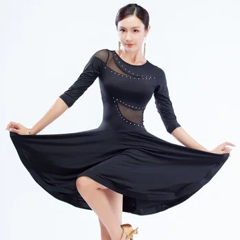 לטינית חדש שמלת ריקוד למבוגרים באיכות גבוהה עם שרוולים ארוך גדול להניף את הבחורה שחור מבריק יהלום ריקודים סלוניים השמלה