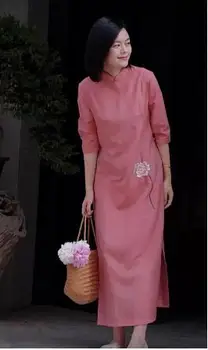 נשים סיניות השתפרה Cheongsam סגנון רטרו לוטוס רקמה שמלת הקיץ