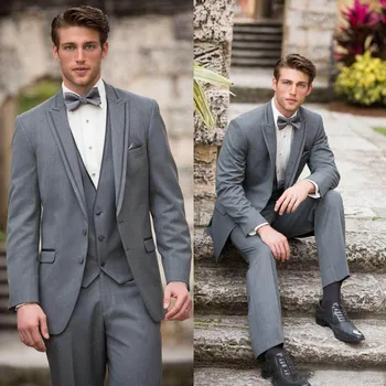 חליפות אלגנטיות לגברים חתונה חתן Slim Fit חליפת טוקסידו אופנה שיא דש אפור זכר חליפת כדור העסקים 3 חתיכה (ז ' קט+אפוד+מכנסיים)