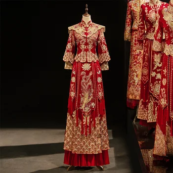Yourqipao הכלה טוסט Cheongsams סיני חתונה שמלה רקומה Xiuhe שמלות כלה הדרקון פיניקס שמלת סטים Hanfu טאנג חליפה