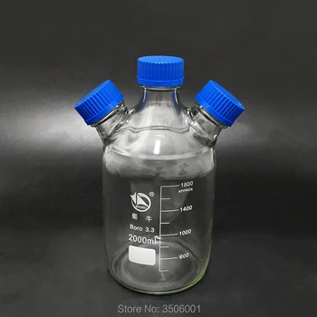 ריאגנט בקבוק,עם 3 כחול בורג מכסה זכוכית בורוסיליקט 3.3,קיבולת 2000ml,סיום בקבוקוני מדגם פלסטיק מכסה עם 3 הצוואר