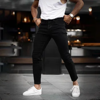 אופנה מזדמנת Mens ג 'ינס אישיות סלים רגל נאה וקר מכנסי ג' ינס גודל גדול מוצק צבע סקיני ג ' ינס גברים