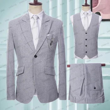 2023 אפור בהיר פס גברים חליפות 3 חלקים Slim Fit רשמי במשרד החתונה החתן טוקסידו מעייל פראק עבור זכר אופנה בד