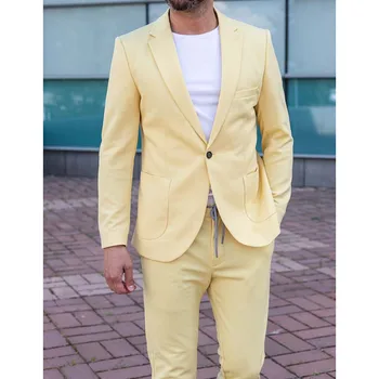 חדש חליפות לגברים אופנה דש כפתור אחד זכר בלייזר הצהוב מקרית Slim Fit 2 חתיכת קבוצה חתן חתונה רשמית טוקסידו