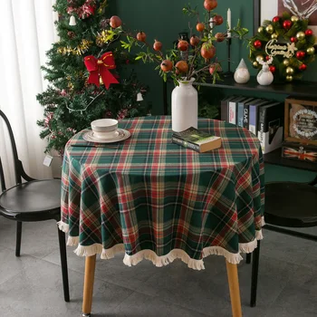 סגנון אמריקאי חוט צבוע אריג בד שולחן חג המולד אדום וירוק סריג המפה קישוט כיסוי שולחן עם ציצית