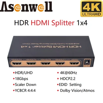 4K@60Hz HDMI Splitter 1 ב 4 תמיכה Scaler למטה HDMI תואם-ספליטר 1x4 HDMI 2.0 4:4:4 HDCP2.2 UHD HDR10 EDID הגדרת