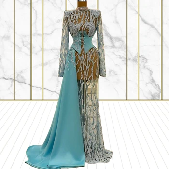 אופנה צבע טורקיז למחצה לראות למרות סלבריטאים שמלת 2021 גבוה צוואר מלא שרוולים שמלת מסיבת יום הולדת Suknie Wieczorowe
