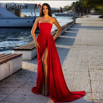 חדשים מודרניים אדום שורה ארוכה לנשף שמלות ערב צד שסף סטרפלס 2022 פשוט רשמית במסיבת הסיום של שמלת ערב שמלות