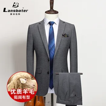 חליפה של גבר רזה צבע מוצק לבוש עסקי מזדמן פשוט 2 חתיכות להגדיר קוריאה מהדורת מעיל בצבע עם מכנסיים
