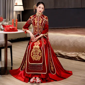 מסורתי משובח חרוזים פאייטים רקמה ציצית והכלה החתונה השמלה להתחתן עם Cheongsam Свадебное платье