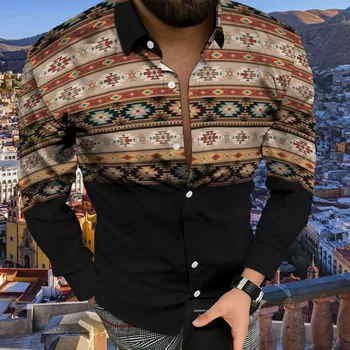 המערבי אתני חולצות עבור Mens 3d הדפסה דיגיטלית דש חולצת שרוול ארוך הדפסה Camisa חברתית שמלת חולצה חג גיאומטריות