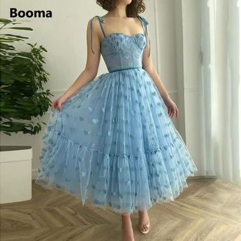 Booma תכלת לבבי טול שמלות לנשף רצועות ספגטי מתוק מידי שמלות לנשף תה אורך קו רשמי שמלות ערב