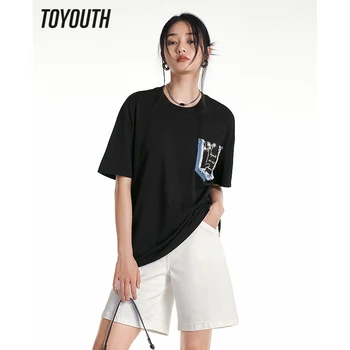 Toyouth נשים חולצה 2023 קיץ, שרוול קצר או צוואר רופף Tees מחורר כיס קישוט כמה טהור כותנה נוחות לכל היותר