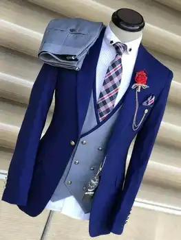 אלגנטי כחול עסקים חליפת חתונה לגברים: כפול עם חזה האפוד, דש, 3-Piece סט