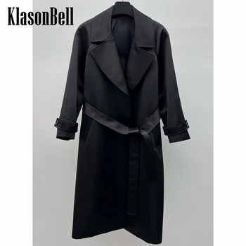 8.29 KlasonBell אופנה שחור דש קולר עם חגורת לאסוף את המותניים אמצע אורך המעיל של נשים