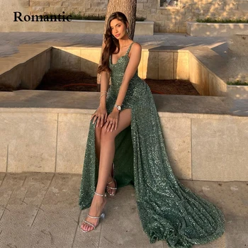 רומנטי קו Exqusite שמלת הנשף ירוק נצנצים סקסי בצד גבוה סחף זמן שמלות ערב ספגטי רצועת מתוקה לנשים