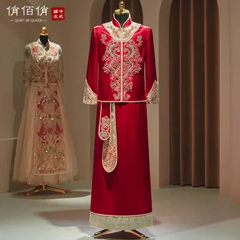 בסגנון סיני החתן שמלת חתונה וינטג גברים אדום פייטים חרוזים צ ' יפאו נישואין חליפת טאנג חליפת בגדים