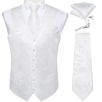 לבן טהור החתונה האפוד עבור אדם ללא שרוולים V-צוואר סאטן גברים יוקרה הז 'קט עניבה כיס מרובע חפתים קליפ 5 יח' סט מתנה