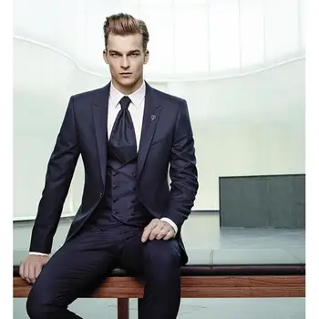 חליפות גברים חיל הים 3 חתיכות Slim Fit אנשי עסקים בחליפה להגדיר מותאם אישית כפתור אחד שמלת החתונה בלייזר מעיל האפוד&מכנסיים