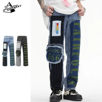 Harajuku היפ-הופ ג 'ינס גברים מכתב רקום עיצוב המכנסיים במצוקה רשת טלאים מכנסי ג 'ינס וינטג' מזדמן אופנת רחוב