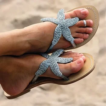 כוכב קריסטל כפכפים נשים פנאי שטוחים כפכפים חוף סנדלי נשים הבוהן קליפ החלקה נעליים Claquette פאטאל