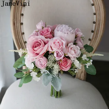 JaneVini ורוד פרח משי רוז מלאכותי פרחים לחתונה זרי כלה מזויף אדמונית הכלה תמונה מחזיקה פרחים רמו דה Novias