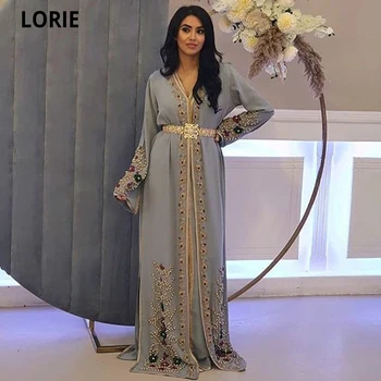LORIE סלבריטאים שמלות ערב מרוקאי גלימה לנשים תחרה, אפליקציות חרוזים רשמית אפור-כסוף, נשף מסיבת שמלות שרוול ארוך