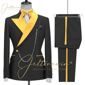 JELTONEWIN שחור כפול עם חזה לגברים חליפה לחתונה השושבין זהב דש Slim Fit 2 חתיכות החתן חליפות לגברים מסיבת חליפות