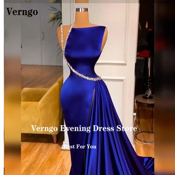 Verngo שיק כחול רויאל סאטן בתולת ים שמלות ערב קריסטל, פיצול מבריק שמלת נשף אלגנטית ארוכה רשמי שמלות אירוע מיוחד