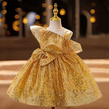 זהב אדום מסיבת ילודים פעוטות תחפושת ילדה הבגדים כתף אחת 1 שנה יום הולדת שמלת טבילת נצנצים על שמלת נסיכה