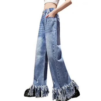 2023 אביב חדש אופנה צעירה רחב הרגל המכנסיים עם ציצית על ילדה אלסטי המותניים רזה ג ' ינס מכנסיים מ-8 עד 12 13 14 שנים הישן.